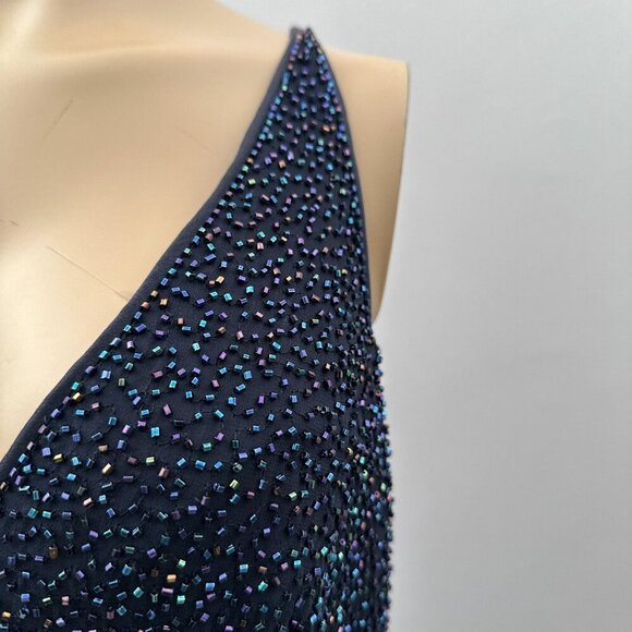 Y2K Bieff Basix Silk V-Neck Beaded Sleeveless Cocktail Dress Navy Blue Womens 12 - Picture 4 of 10